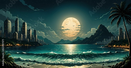 ocean sea beach and mountains city landscape at night under moon and clouds. waves on the shore by tropical urban cityscape.