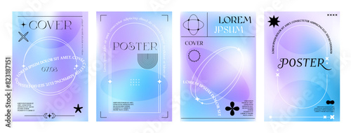 Abstract aesthetic purple y2k gradient posters with modern blur background, line frames and shapes. Vector templates of social media poster or cover with minimal art abstract sun, stars and sparkles