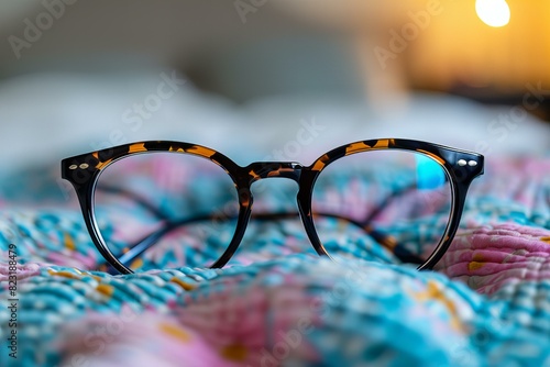 Glasses on bed with blanket