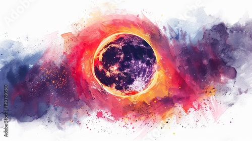 Solar eclipse over vibrant sky with glowing corona. Moon blocks the sun casting a dramatic silhouette. Concept of astronomy, celestial event, natural phenomenon, cosmic wonder, Watercolor art