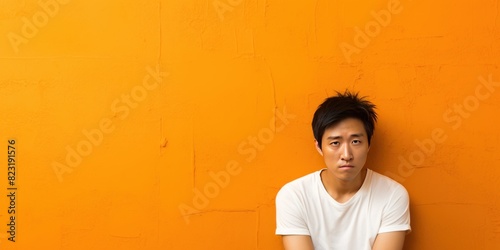 Orange background sad asian man realistic person portrait of young teenage beautiful bad mood expression boy Isolated on Background depression anxiety fear burn out health