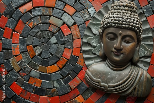Buddha sculpture on mosaic wall