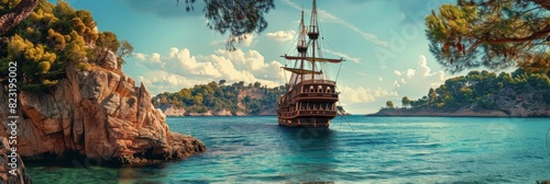 Pirate Ship Island View, Wooden Ancient Frigate, Mediterranean Piracy