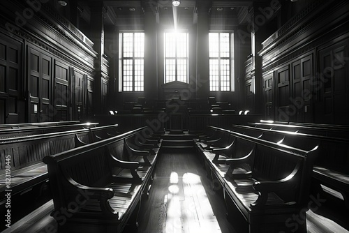 Large courtroom with wooden benches
