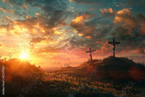Three crosses on hill with sunset background