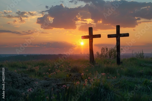 Two crosses in the grass with the sun setting behind them