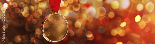 A gold medal hanging on a red ribbon with a blurred background of red and gold bokeh lights.