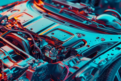 Close up photo of colorful car engine accessories