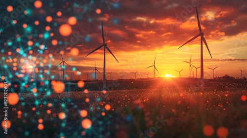 Scenic view of wind turbines against a sunset backdrop with digital effects, symbolizing the blend of renewable energy and modern technology.
