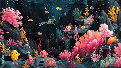 Wallpaper Illustration, Black and Pink Snorkeling Adventure: A whimsical drawing of cute characters snorkeling in a black ocean with pink coral reefs and colorful fish. Illustration image,