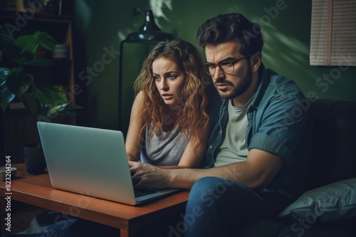Girlfriend and her boyfriend watching something on a laptop computer and sitting on the floor in the living room