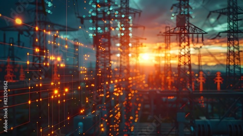 Abstract image of electric power lines with bokeh lights at night, creating a visually striking representation of energy and technology.