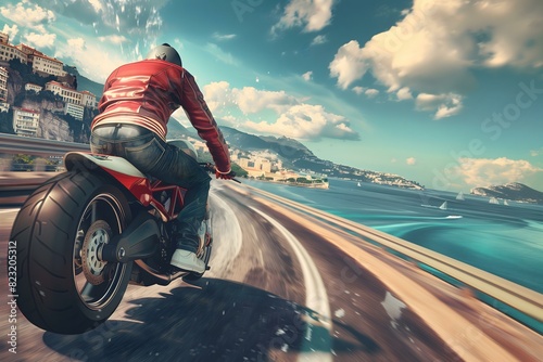 Biker wearing a red leather jacket dark jeans white sneakers Driving a red and white classic big bike at speed. On the left side of the road are buildings and hills. The right side is a sea beach 