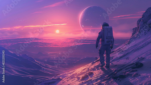 Futuristic cosmonaut walking on a distant planet, with glowing stars and planets