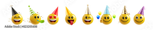 Set of smileys with party hat, isolated on white. 