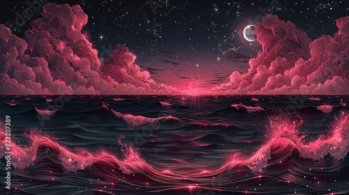 Wallpaper Illustration, Pink and Black Ocean Night Scene: A serene illustration of a black ocean with pink waves, under a sky filled with stars and a crescent moon. Illustration image,