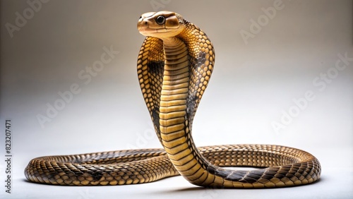 A cobra with its hood raised, showcasing its scales and patterns. The snake is in a defensive posture.