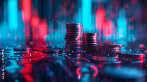 A towering pile of coins of various denominations sits atop a wooden table, reflecting the light and exuding a sense of prosperity and financial security