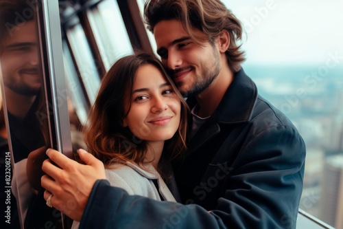 happy girlfriend taking photo with her handsome boyfriend while standing together in the elevato