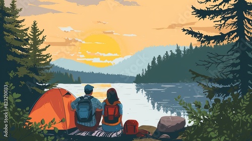 A couple sitting by a lake at sunset, with a tent and backpacks, surrounded by forest.