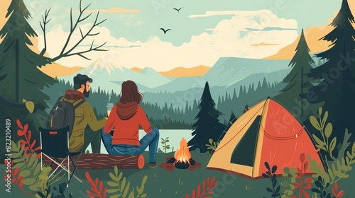 A couple sitting by a campfire near a tent, overlooking a scenic mountain landscape at sunset.