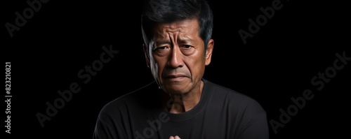 Black background sad Asian man. Portrait of older mid-aged person beautiful bad mood expression boy Isolated on Background depression anxiety fear burn out health issue