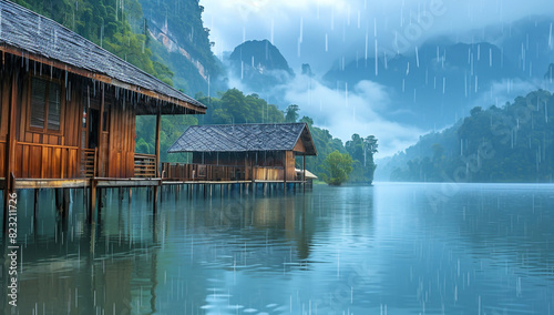 Rainy season in Thailand, heavy rain falling on the roof of wooden buildings at scenic lake landscape background