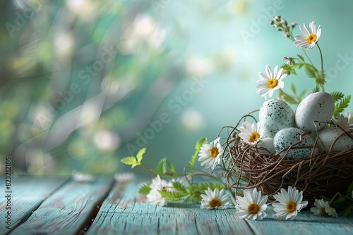 Eggs nest daisies on table