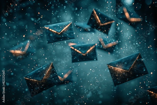 Many envelopes flying in the air with a blue background