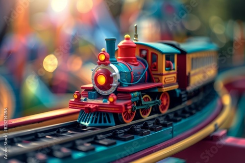 Colorful model trains in an amusement park In the style of children's toy models