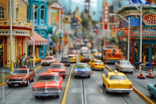 parade of colorful toy cars in an amusement park