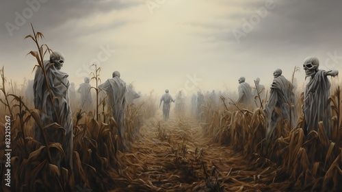 Enchanted Veil: Portrayal of a Fog-Shrouded Field with Mystic Figures