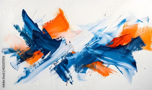 abstract art with gestural lines and brushstrokes in varying shades of blue and orange, arranged in a dynamic and fluid composition that conveys emotion and spontaneity on the canvas.