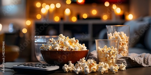 Table basse avec télécommande télé et popcorn pour une soirée cinéma à la maison. Concept Home Cinema Setup, Coffee Table with Remote, TV, Popcorn, Cozy Movie Night