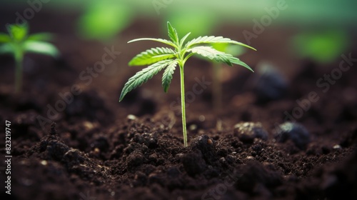 cannabis seedling in soil close up
