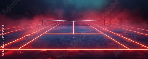 Futuristic tennis arena, neon accents, glowing red and navy lines, black background, 3D rendering
