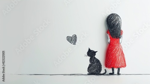 drawing of a little girl in red dress with her little black kitten in children book style