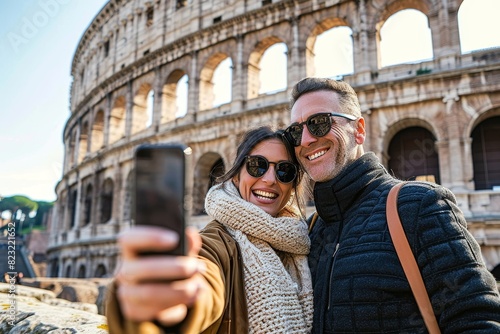 Married couple visiting Colosseum, Rome - Happy tourists visiting Italian famous place - Husband and wife taking selfie picture hanging in a romantic date outside - Tourism lifestyle, Generative AI