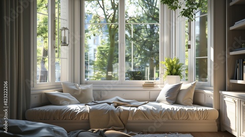 A bay window with cozy built-in seating, creating a cozy nook bathed in sunlight, perfect for relaxation or enjoying the view outside. 