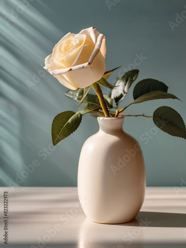Elegant ravishing delicate yellow rose flower in the vase, wall with sunlight and shadows behind