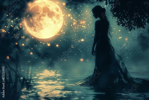 Woman standing water full moon background