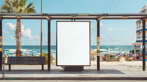 Beach backdrop at a bus stop with a maxi vertical blank billboard, inviting and vibrant.