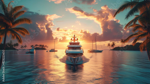 A large yacht sails on the ocean with a beautiful sunset in the background as it enters harbor, with palm trees lining the shore. Cruise vacation scenario.
