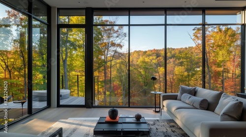 A contemporary floor-to-ceiling window with a slim black frame, offering unobstructed views of the surrounding landscape and a modern touch to the interior.