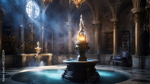 Floodlit fountain with statues in from a fantasy story. The holy spring is used to heal painful wounds.