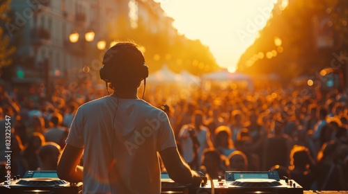 A DJ is standing in front of a crowd of people, playing music