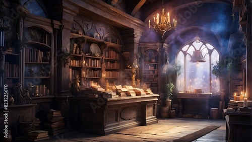 Inside the room of the sorcerers A user of magical magic who stores spells and wands in a fantasy world.