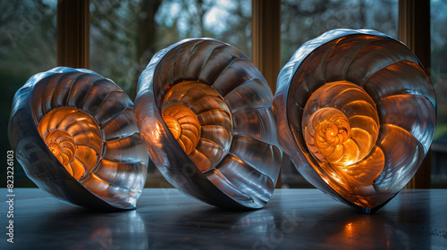 3 halved nautilus shell displayed 