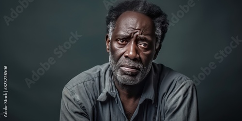 Olive background sad black American independent powerful man. Portrait of older mid-aged person beautiful bad mood expression overstressed overwhelmed concept blank empty