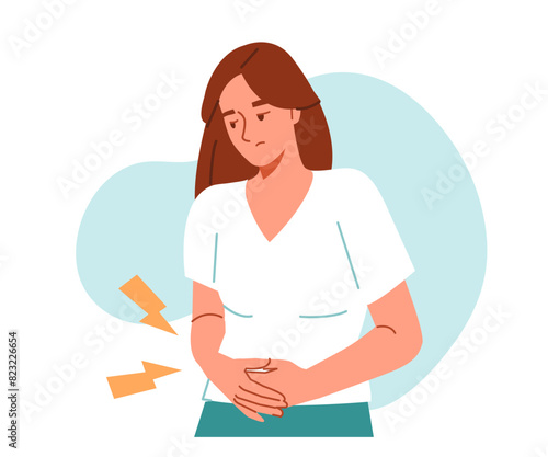 Woman suffer from stomach ache. Menstrual cramp or endometriosis abdominal pain concept. Vector illustration.